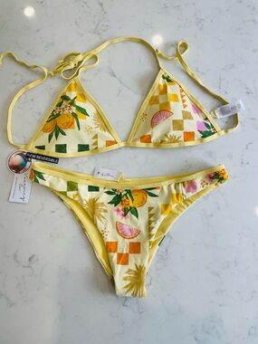 Vacancy Co. Yellow Fruit-Print Reversible Triangle Bikini